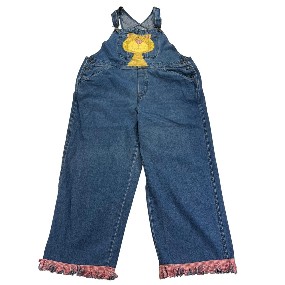 Handmade Rework Upcycle Cat Applique Denim Overalls Womens 18W Heart Vintage 90s